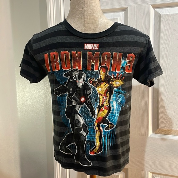Marvel Iron Man 3 duo war machine T-shirt striped black cotton boys size L 10 12 - Picture 1 of 5